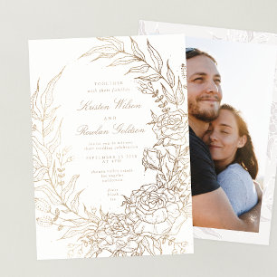 Romantic Flower Gold Wreath Photo Wedding Invitation