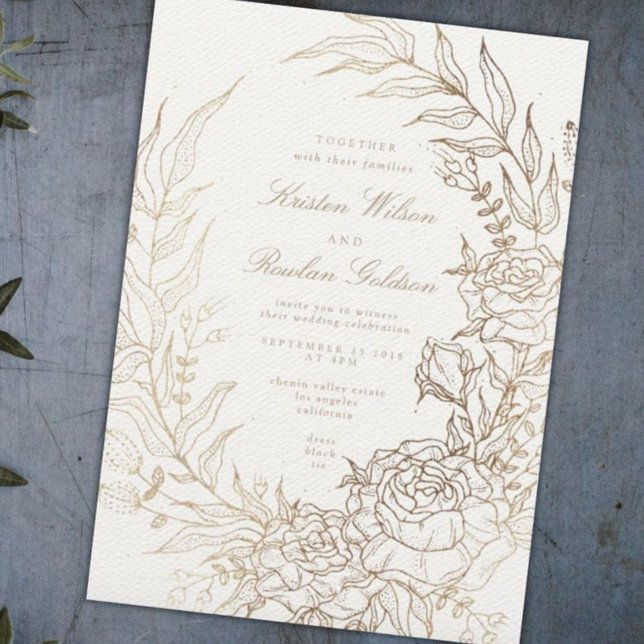 Romantic Flower Gold Wreath Wedding Invitation (Creator Uploaded)