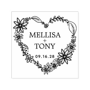 Romantic Flower Heart Wreath Personalised Date Self-inking Stamp