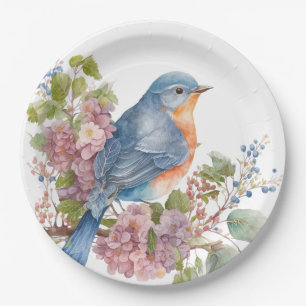 Romantic flowers and blue bird paper plate