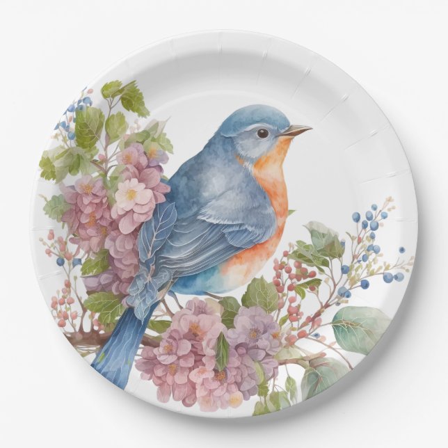 Romantic flowers and blue bird paper plate (Front)