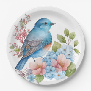 Romantic flowers and blue bird paper plate