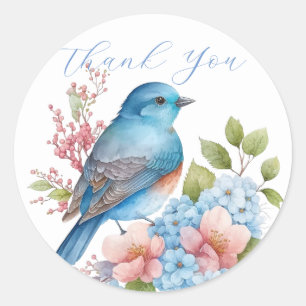 Romantic flowers and blue bird thank you  classic round sticker