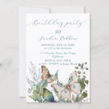 Romantic flowers and butterfly Birthday Invitation