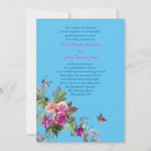 Romantic Flowers and Butterfly on Blue Wedding Invitation