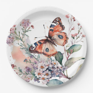 Romantic flowers and orange butterfly  paper plate