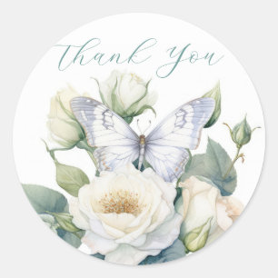 Romantic flowers and white butterfly thank you classic round sticker