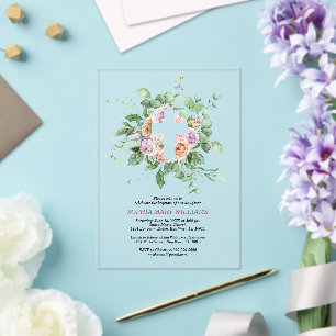 Romantic Flowers & White Cross Girl Baptism Acrylic Invitations