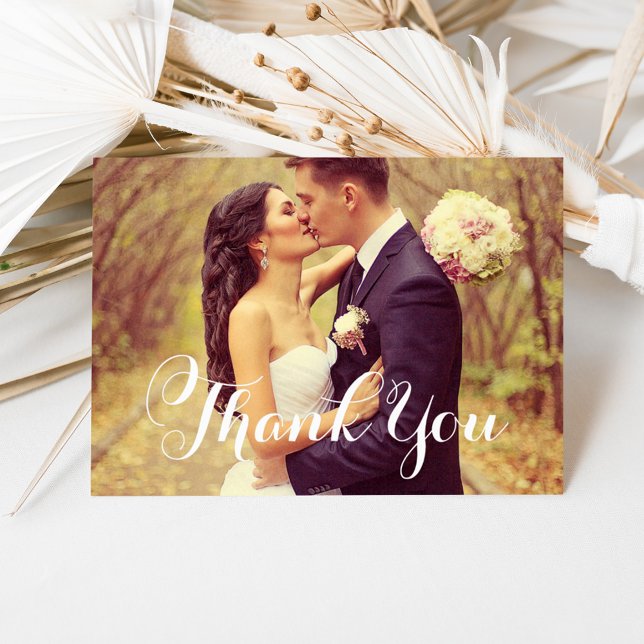 Romantic Flowing Script Photo Overlay Wedding Thank You Card (Creator Uploaded)