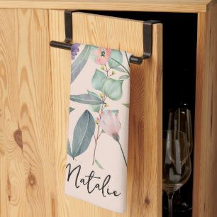 Romantic foliage watercolor monogrammed pink tea towel
