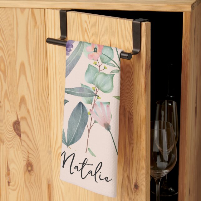 Romantic foliage watercolor monogrammed pink tea towel (Thirds Fold)