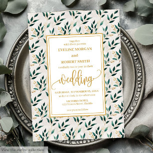 Romantic Forest Green Gold Eucalyptus Wedding  Invitation