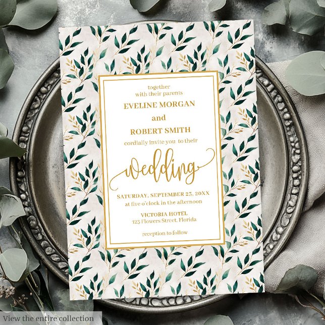 Romantic Forest Green Gold Eucalyptus Wedding  Invitation (Romantic Forest Green Gold Eucalyptus Wedding Invitation)