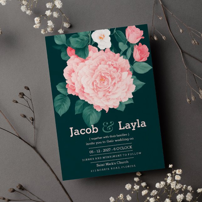 Romantic forest green pink rose floral wedding invitation (Romantic forest green pink rose floral wedding)