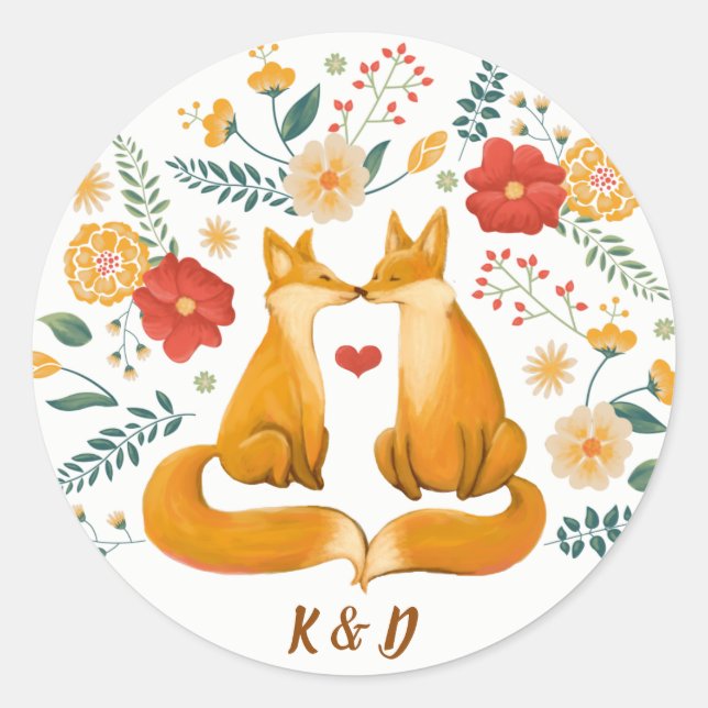 Romantic Foxes and Rustic Floral Foliage Wedding Classic Round Sticker (Front)