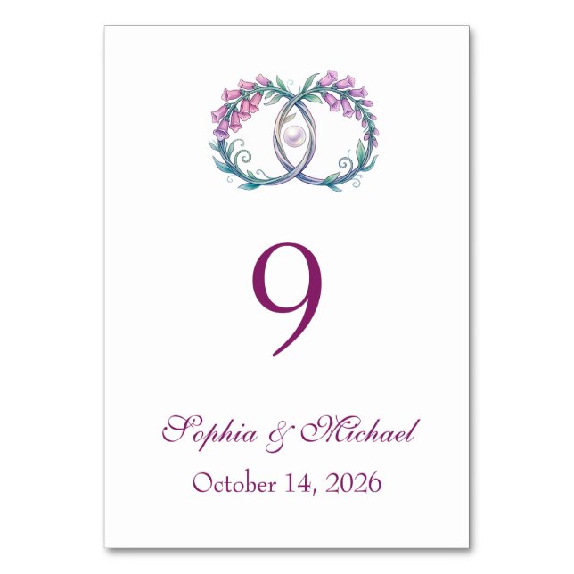 Romantic foxgloves digitalis wedding table number (Back)