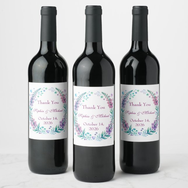 Romantic foxgloves digitalis wedding wine label (Bottles)