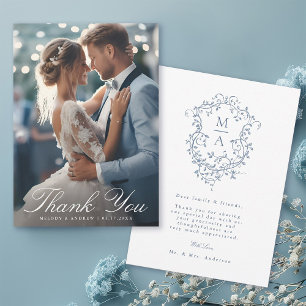 Romantic French Blue Floral Crest Wedding Photo  Thank You Card