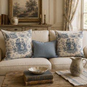 Romantic French Countryside Toile in Dusty Blue Cushion