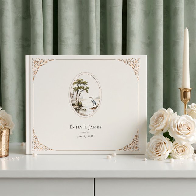 Romantic French Heron Oval Frame Wedding Guest Book (Creator Uploaded)