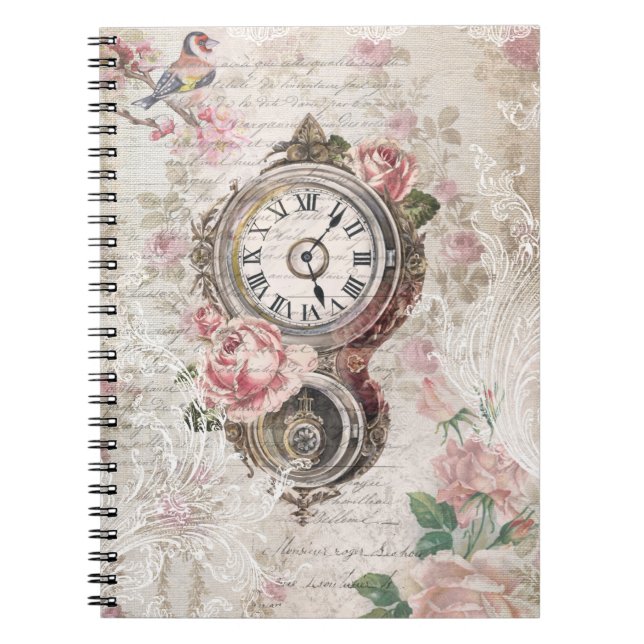 Romantic French Roses, Clock & Filigree Collage Notebook (Front)
