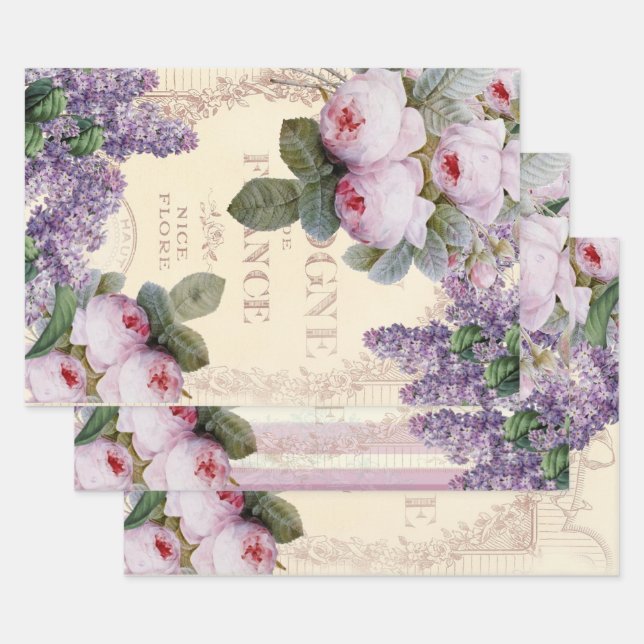Romantic French Shabby Chic Roses and Lilac Wrapping Paper Sheet (Set)