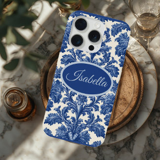 Romantic French Toile Powder Blue Personalized iPhone 15 Pro Case