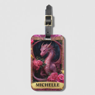 Romantic Fuchsia Dragon and Roses Fantasy Luggage Tag