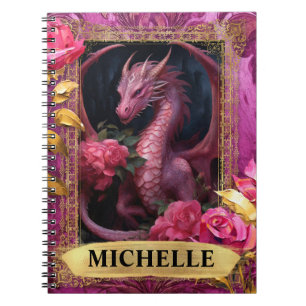 Romantic Fuchsia Dragon and Roses Fantasy Notebook
