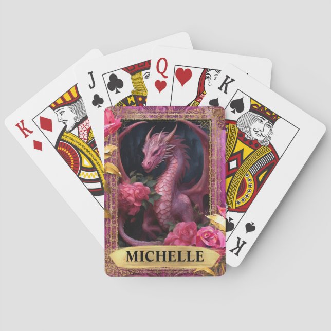 Romantic Fuchsia Dragon and Roses Fantasy Playing Cards (Back)