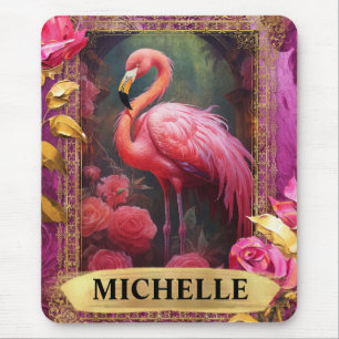 Romantic Fuchsia Flamingo and Roses Mouse Pad