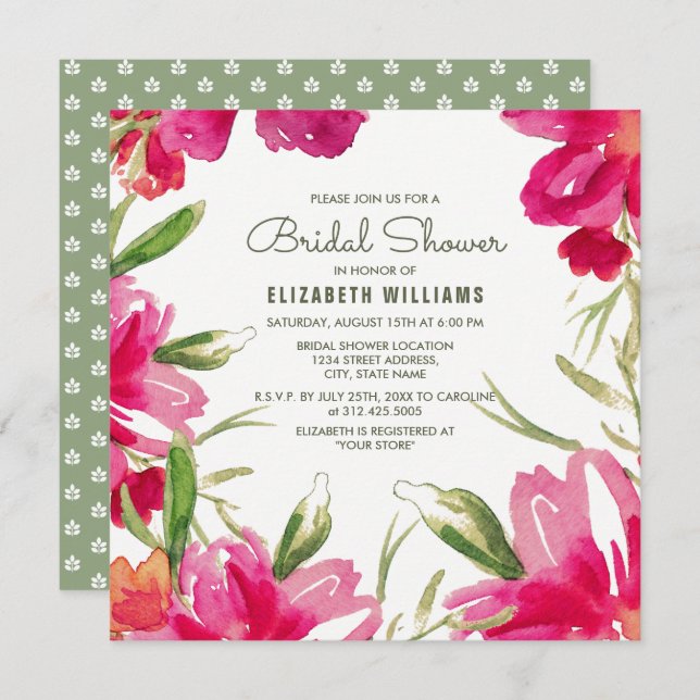 Romantic Fuchsia Green Floral Bridal Shower Invitation (Front/Back)