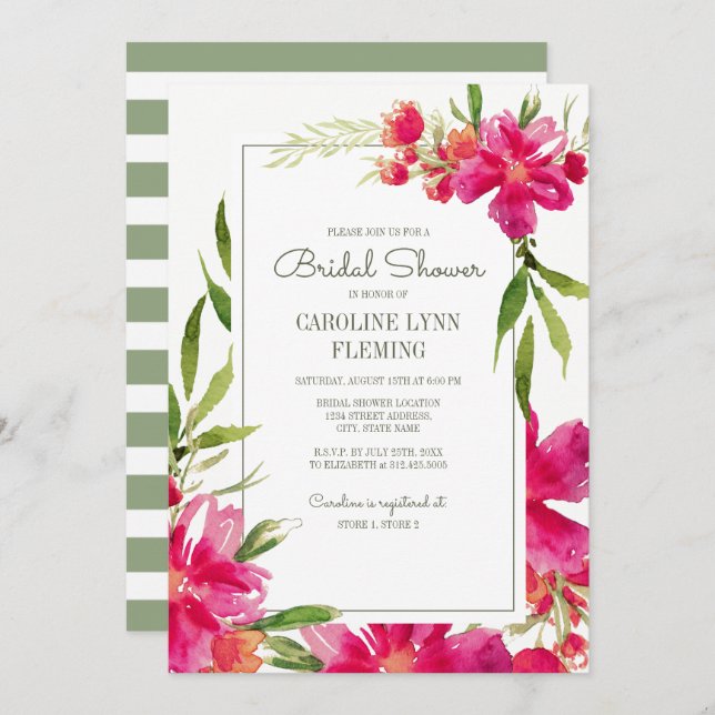 Romantic Fuchsia Green Floral Bridal Shower Invitation (Front/Back)