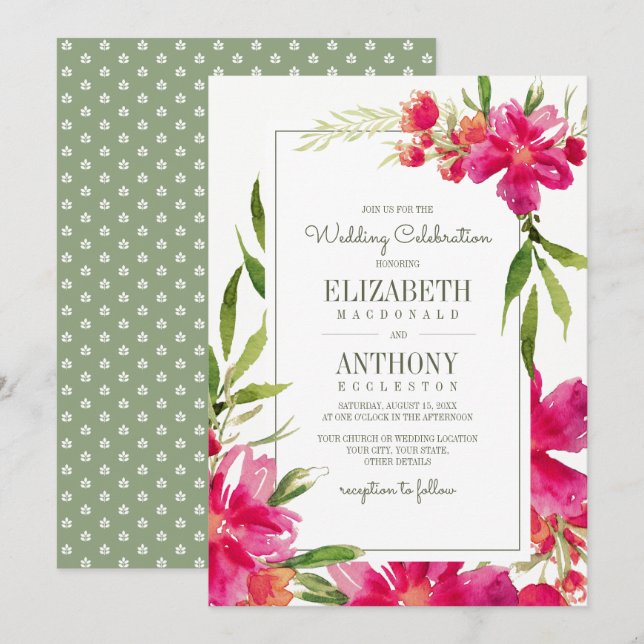 Romantic Fuchsia Green Floral Watercolor Wedding Invitation (Front/Back)