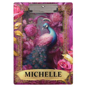 Romantic Fuchsia Peacock and Roses Fantasy Clipboard