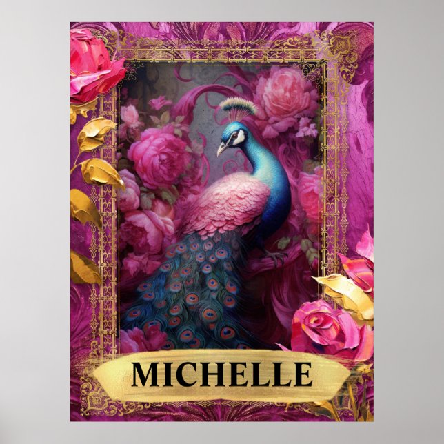 Romantic Fuchsia Peacock and Roses Fantasy Poster (Front)