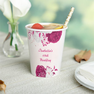 romantic fuchsia white flowers botanical paper cups