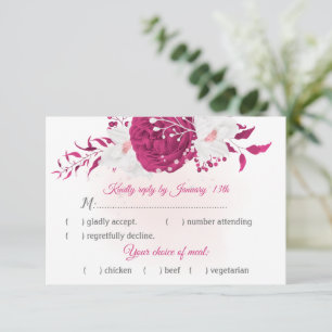 romantic fuchsia white flowers with meal choice RSVP card