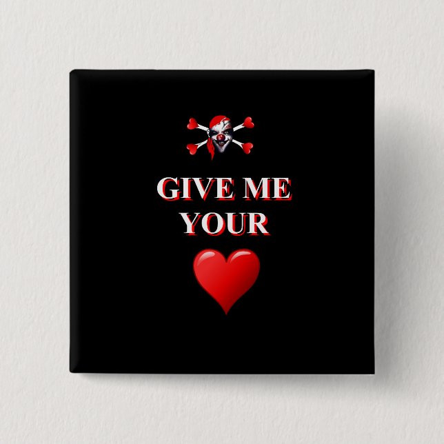 Romantic funny pirate ad red love heart 15 cm square badge (Front)