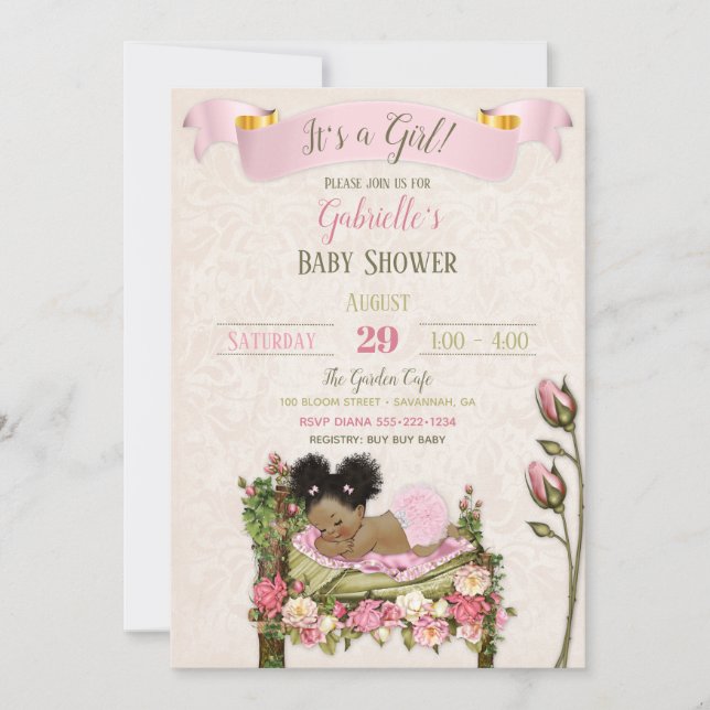 Romantic Garden Baby Shower Pink Green Roses Invitation (Front)