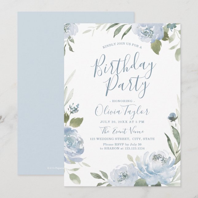 Romantic garden dusty blue floral birthday Party I Invitation (Front/Back)