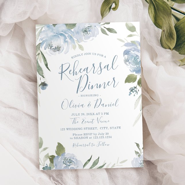 Romantic garden dusty blue floral rehearsal dinner invitation (Romantic garden dusty blue floral rehearsal dinner invitation)