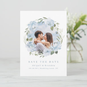 Romantic garden dusty blue floral wedding photo save the date