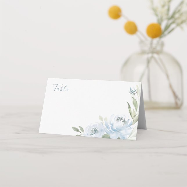 Romantic garden dusty blue floral wedding place card (Front)