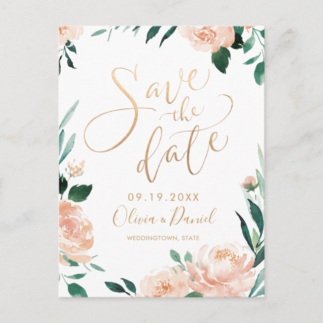 Romantic garden floral calligraphy save the date postcard (Front)