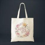 Romantic garden floral mother of the bride tote bag<br><div class="desc">Modern mother of the bride script with watercolor floral wreath in muted pastel yellow,  peach and mauve,  elegant and romantic,   great personalised bridal party gifts for mother of the bride.</div>