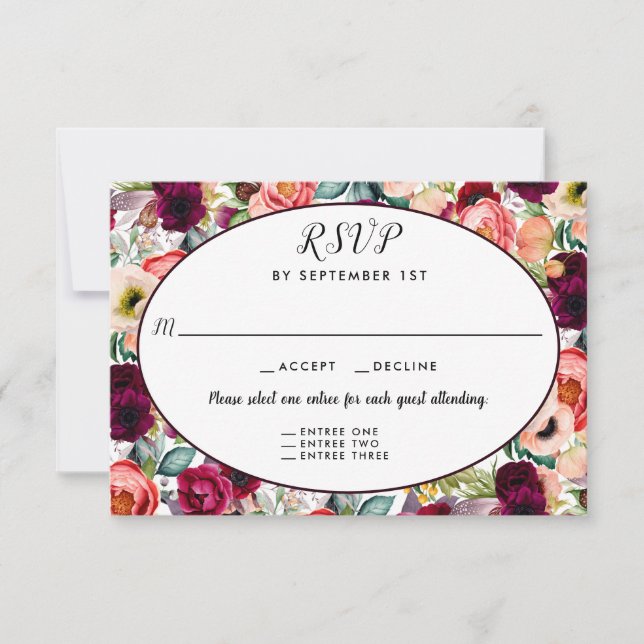 Romantic Garden Floral Reception 3 Entree RSVP Card (Front)