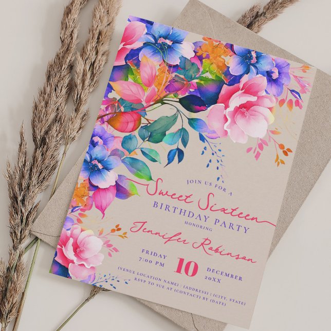 Romantic Garden Floral Sweet 16 Birthday Champagne Invitation (Romantic Garden Floral Sweet 16 Birthday Champagne Invitation)