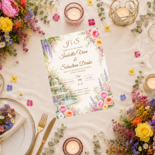 Romantic Garden Fountain Bloom Wedding  Invitation