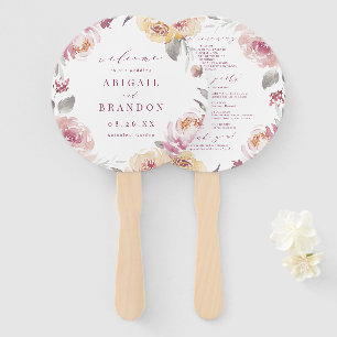 Romantic garden mauve floral wedding program hand fan